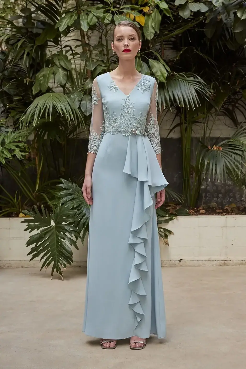 Customized Chic Chiffon Mother of The Bride Dresses V Neck Wedding Guest Dress Side Ruffles Floor Length Evening Gowns