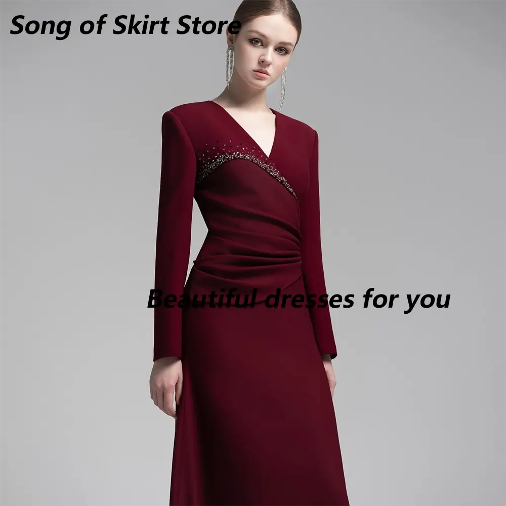 Burgundy Evening Dress Customized V-Neck Long Sleeves Crystals Pleat A Line Jersey Formal Prom Gown Formal Party Dresses