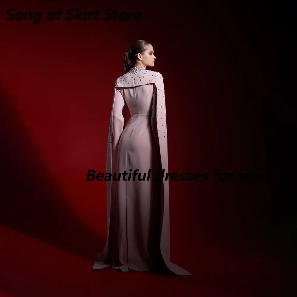Luxury Evening Dress Customized Crystal High Neck Long Sleeves Cape Draped Saudi Arab Prom Dresses Mermaid Party Gown