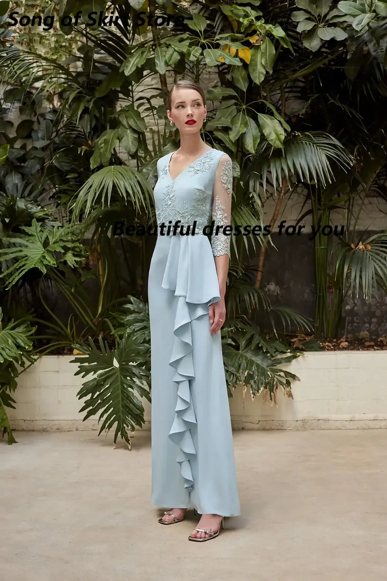 Customized Chic Chiffon Mother of The Bride Dresses V Neck Wedding Guest Dress Side Ruffles Floor Length Evening Gowns