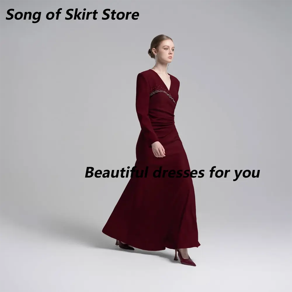 Burgundy Evening Dress Customized V-Neck Long Sleeves Crystals Pleat A Line Jersey Formal Prom Gown Formal Party Dresses