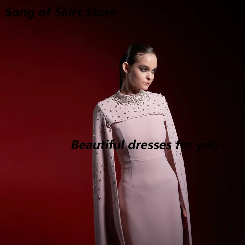 Luxury Evening Dress Customized Crystal High Neck Long Sleeves Cape Draped Saudi Arab Prom Dresses Mermaid Party Gown