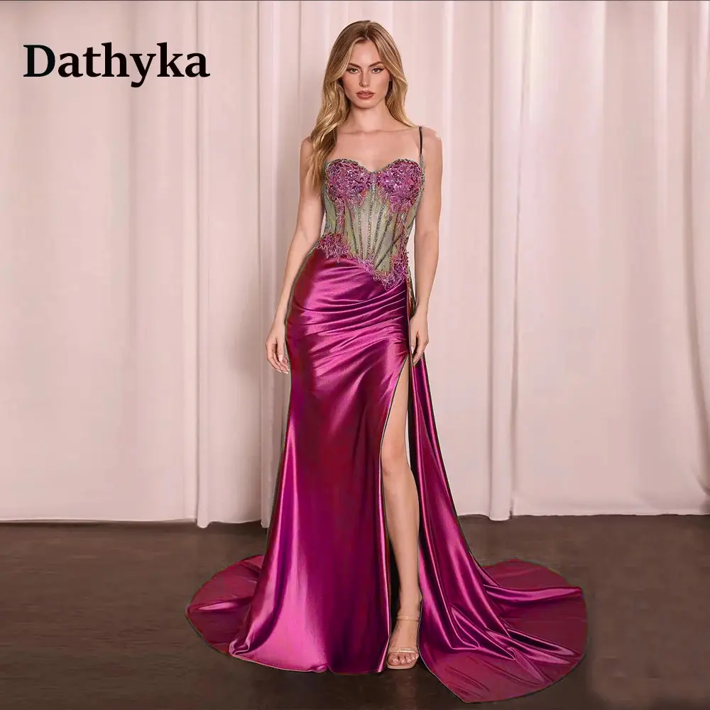 Dathyka Charming Trumpet Prom Dress Lace Appliques Sweetheart High Side Slit Illusion Lacing up Vestidos De Festa Customized