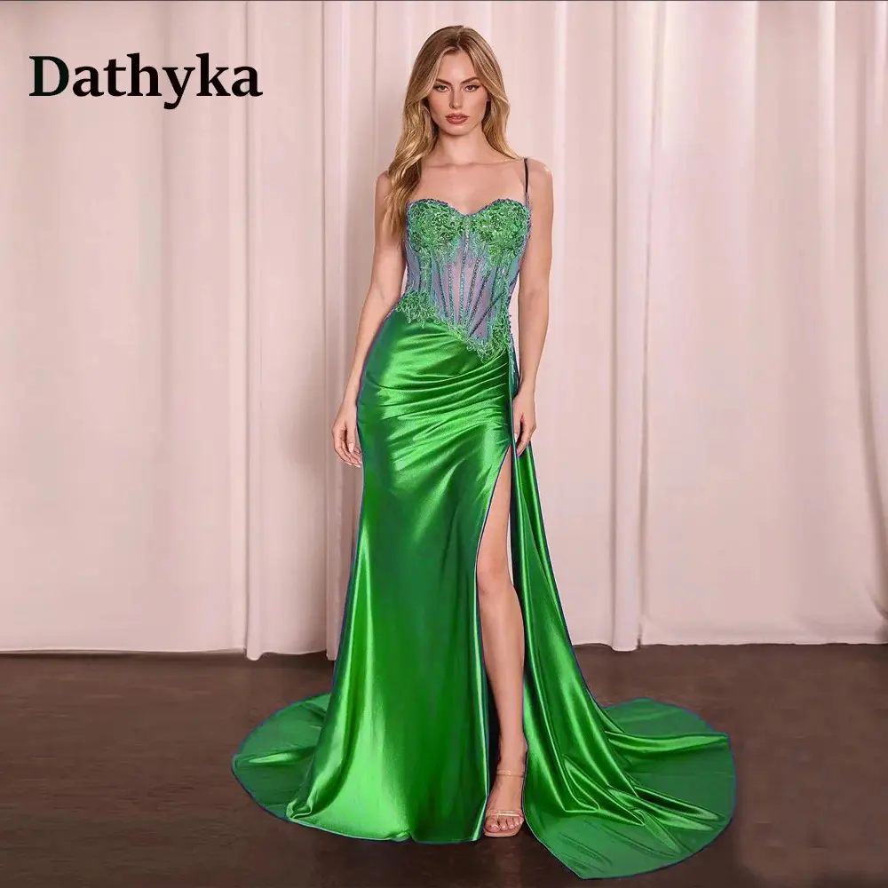 Dathyka Charming Trumpet Prom Dress Lace Appliques Sweetheart High Side Slit Illusion Lacing up Vestidos De Festa Customized