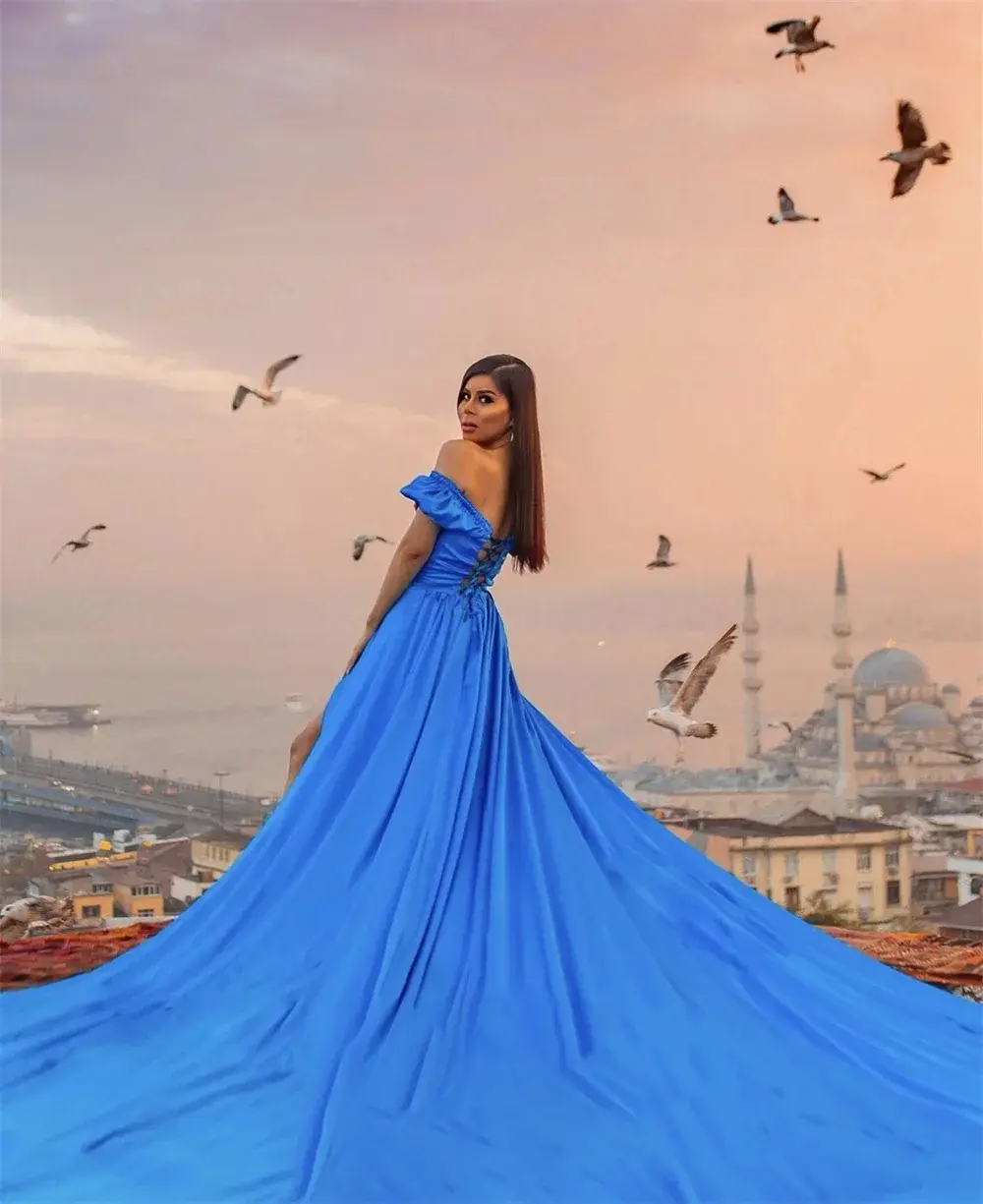 Flowy Long Sweep Train Prom Dress 2025 Photoshoot Satin Party Dress Sexy V-neck Silk Vestidos De Noche Flying Dress