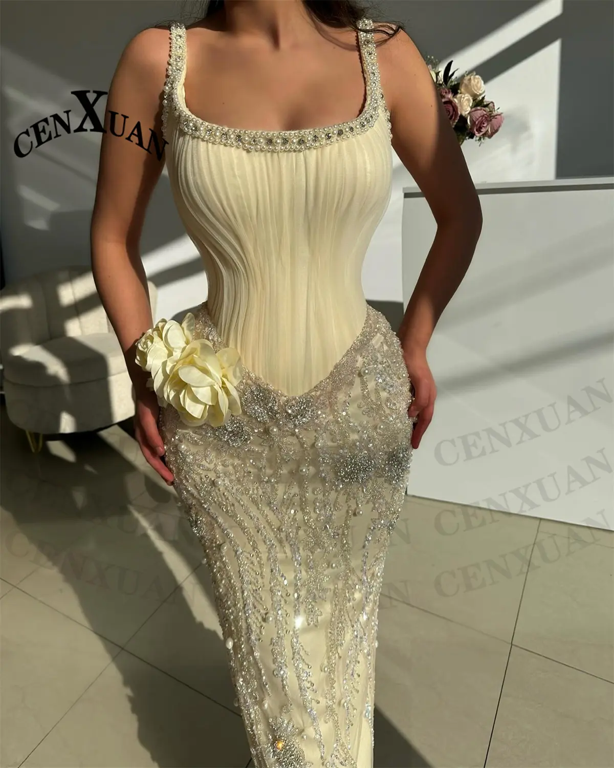 CENXUAN Glamorous Evening Gowns Mermaid Spaghetti Straps Beading Sequined Long Party Dress Vestidos De Festa Customized