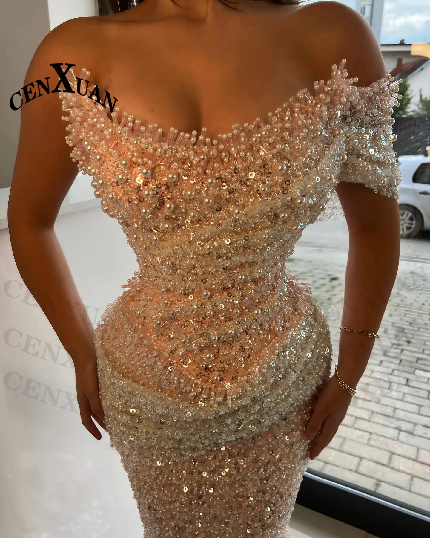CENXUAN Exquisite Prom Dresses for Women Beadings Sequins Mermaid One-Shoulder Sweep Train V-neck Vestidos De Gala Drop Shipping