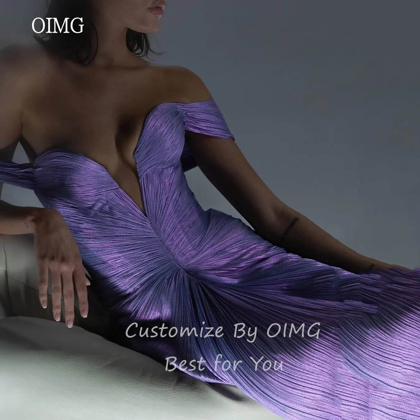 OIMG Graceful Purple Mermaid Prom Gowns Deep V Neck Off The Shoulder Party Gown Shimmery Floor Length Evening Dress Customized