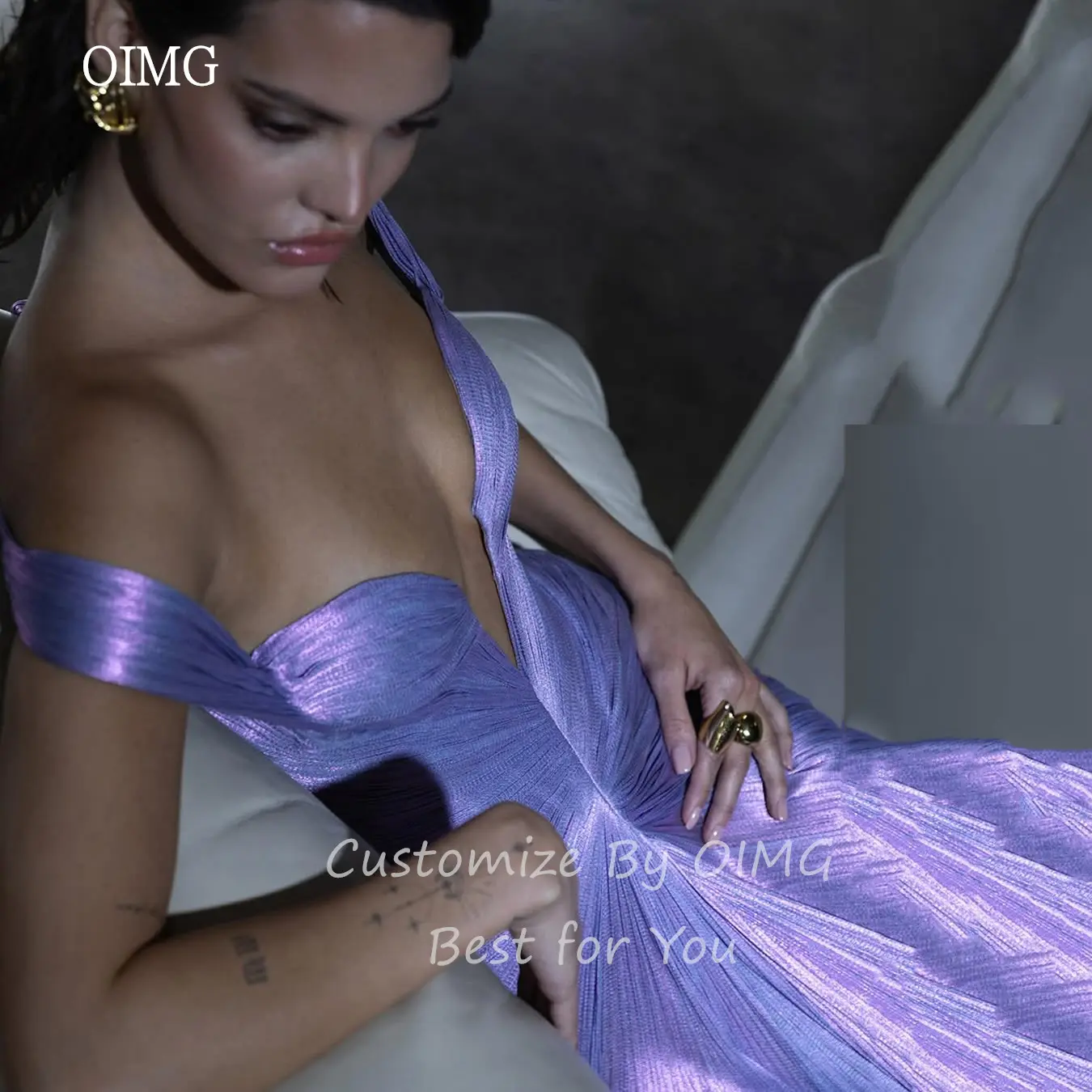OIMG Graceful Purple Mermaid Prom Gowns Deep V Neck Off The Shoulder Party Gown Shimmery Floor Length Evening Dress Customized