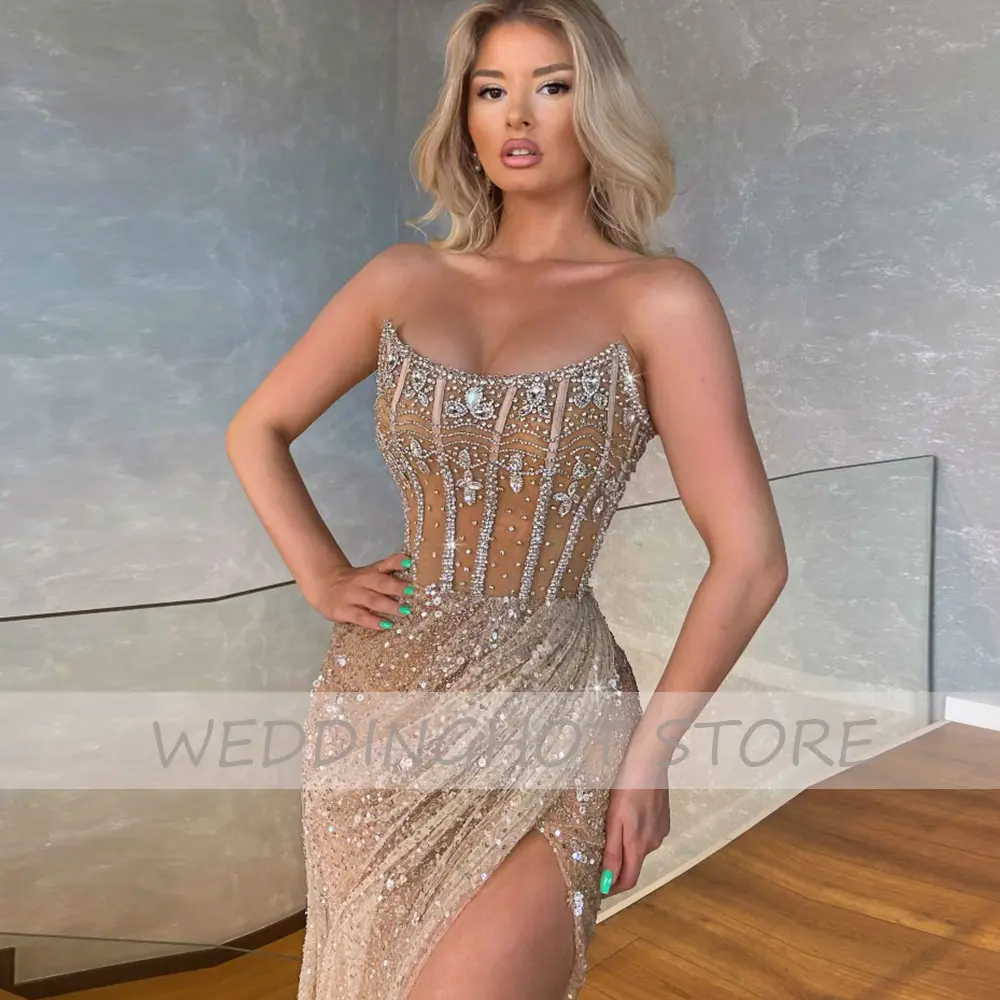 Luxury Evening Dresses 2023 Gorgeous Bead Strapless Long  Party Gowns Side Split Floor Length Illusion Sexy Pageant Dress