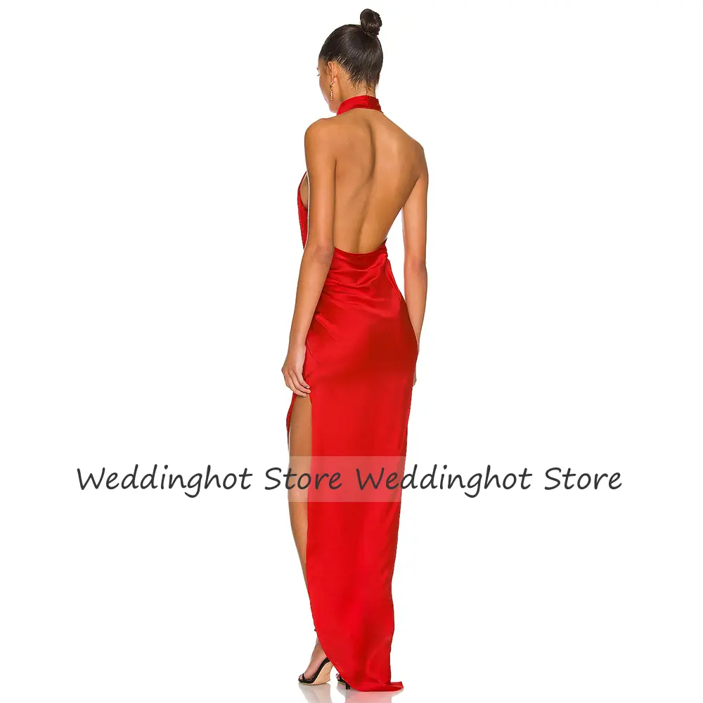 Sexy Evening Dress Backless Side Slit High Collar Asymmetrical Evening Gowns for Women Sleeveless Pleats Column Prom Dresses