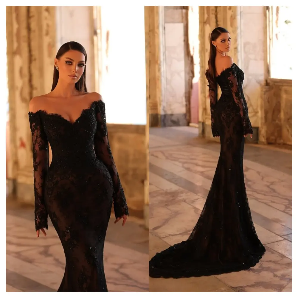 Customized Elegant Black Lace Evening Dress Temperament V-Neck Off the Shoulder Long Sleeves Party Dress Fashion Celebrity Gowns