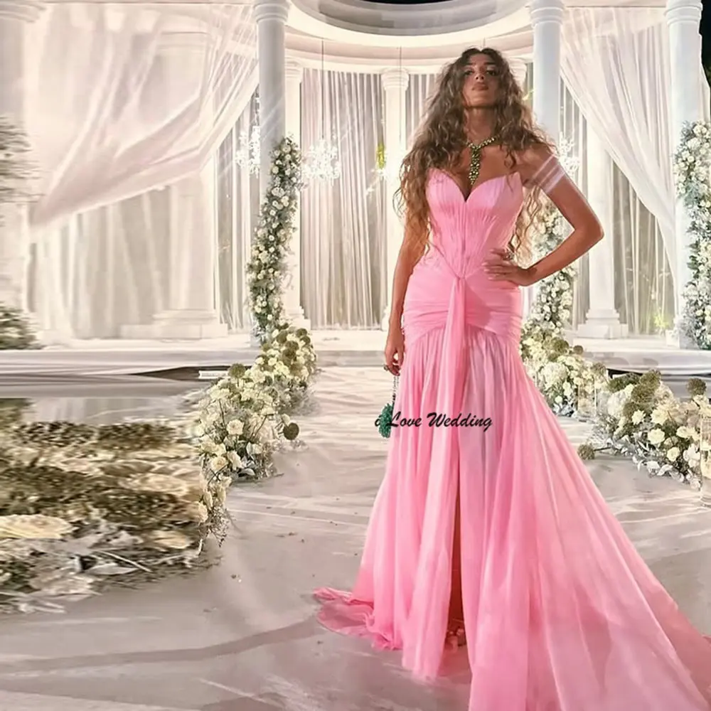 Off Shoulder Chiffon Pleated Sexy Mermaid Backless Evening Dress Floor Length Front Slit Party Gown with Sweep Court Customized