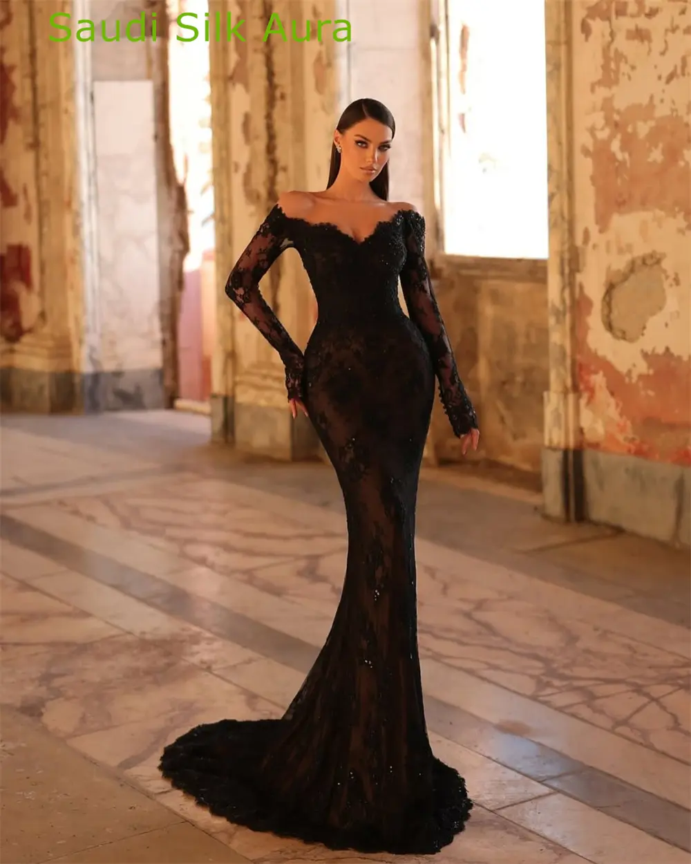Customized Elegant Black Lace Evening Dress Temperament V-Neck Off the Shoulder Long Sleeves Party Dress Fashion Celebrity Gowns