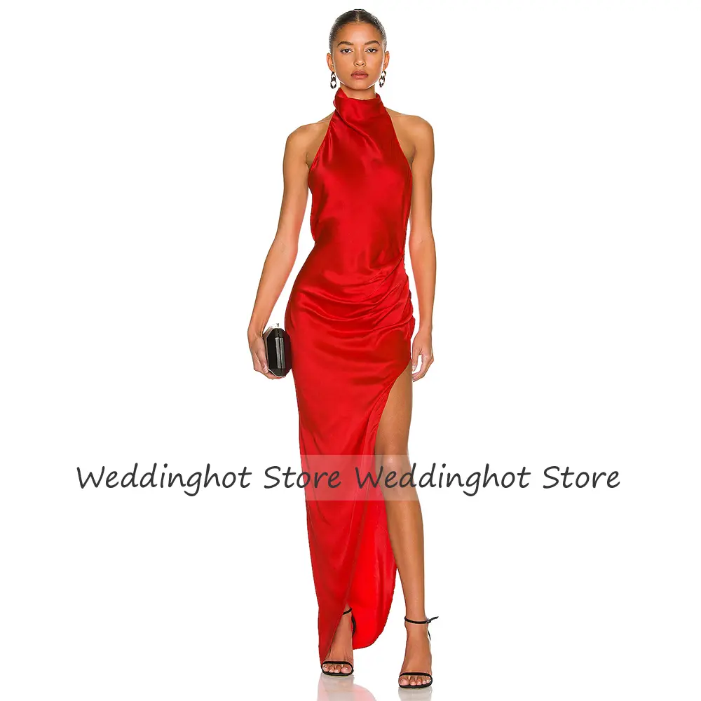 Sexy Evening Dress Backless Side Slit High Collar Asymmetrical Evening Gowns for Women Sleeveless Pleats Column Prom Dresses