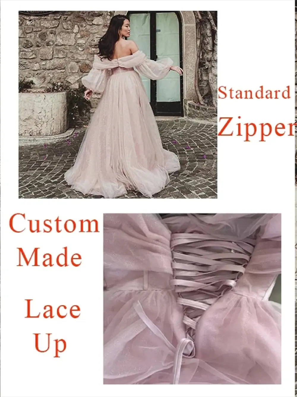Bafftafe Customized Pink Shiny Tulle Prom Dresses Off Shoulder Long Puff Sleeve Evening Party Gowns Slit Women Wedding Dress