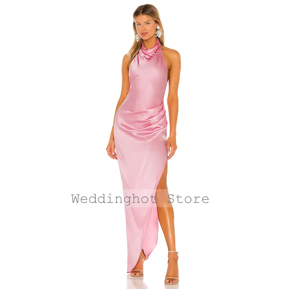Sexy Evening Dress Backless Side Slit High Collar Asymmetrical Evening Gowns for Women Sleeveless Pleats Column Prom Dresses