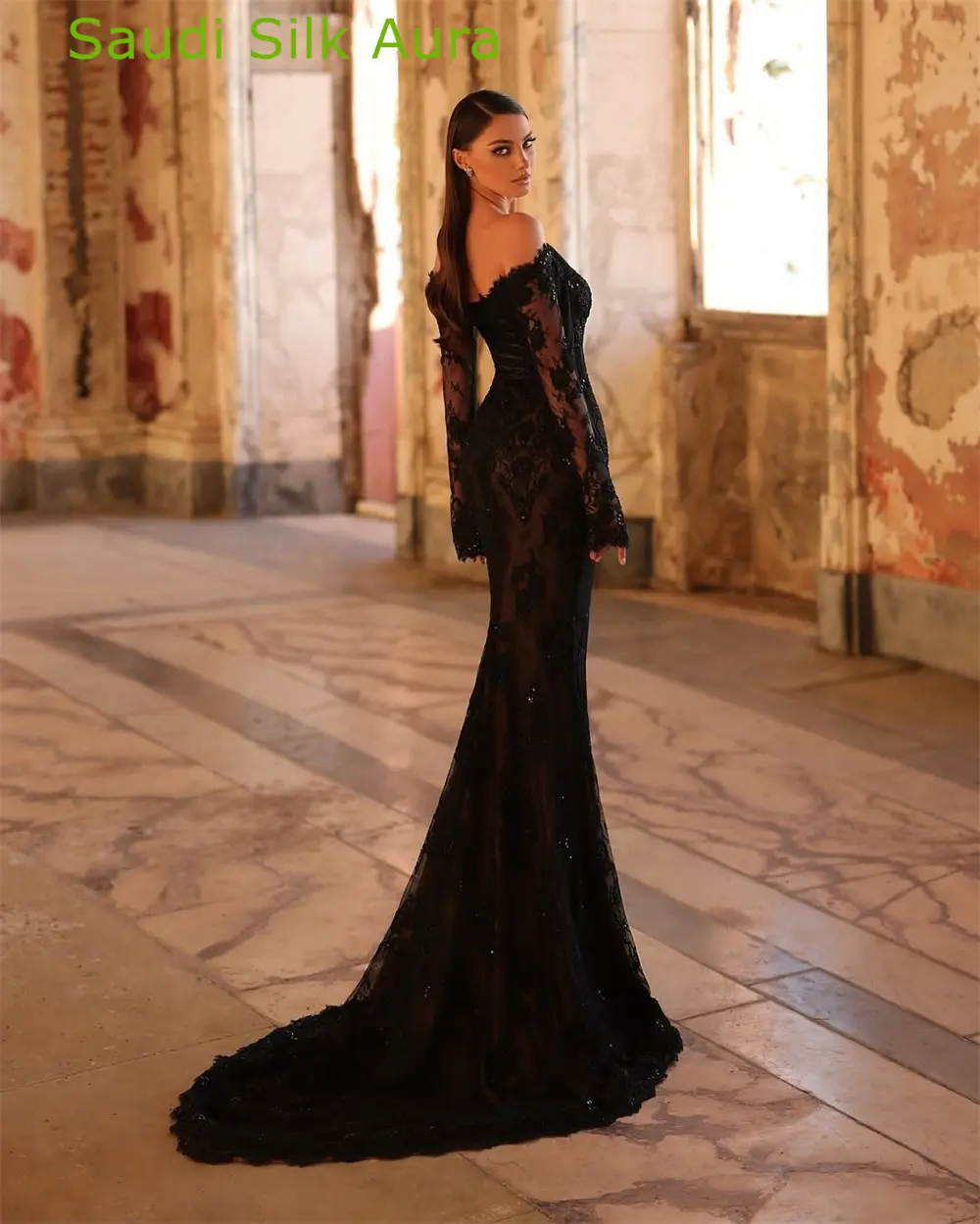 Customized Elegant Black Lace Evening Dress Temperament V-Neck Off the Shoulder Long Sleeves Party Dress Fashion Celebrity Gowns