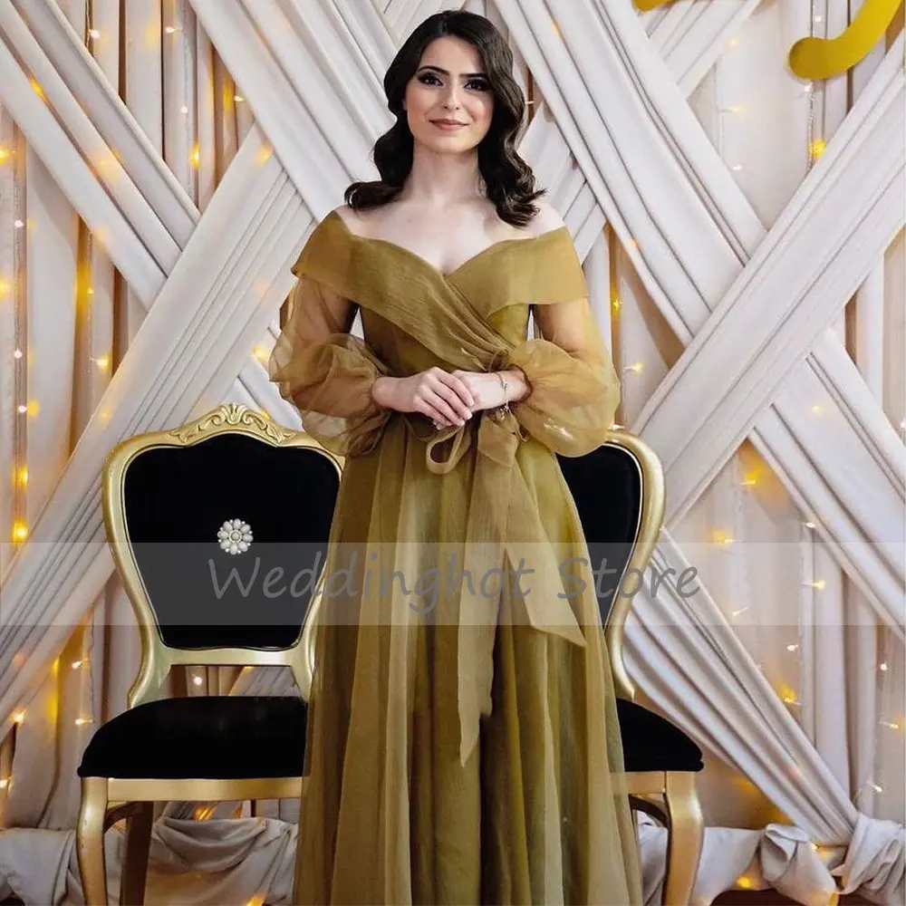Green Organza Evening Dresses 2023 Off the Shoulder Puff Long Sleeves Prom Gown Simple Graduation Party Dress vestido de fiesta