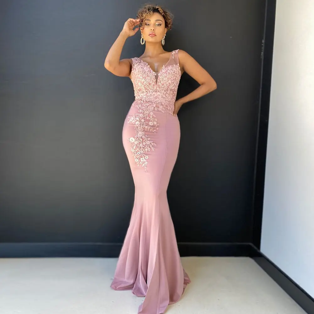 Pink Mermaid Evening Dresses 2025 Simple V-Neck Lace Applique Prom Gowns Elegant Satin Black Custom Party Dress robes de soirée