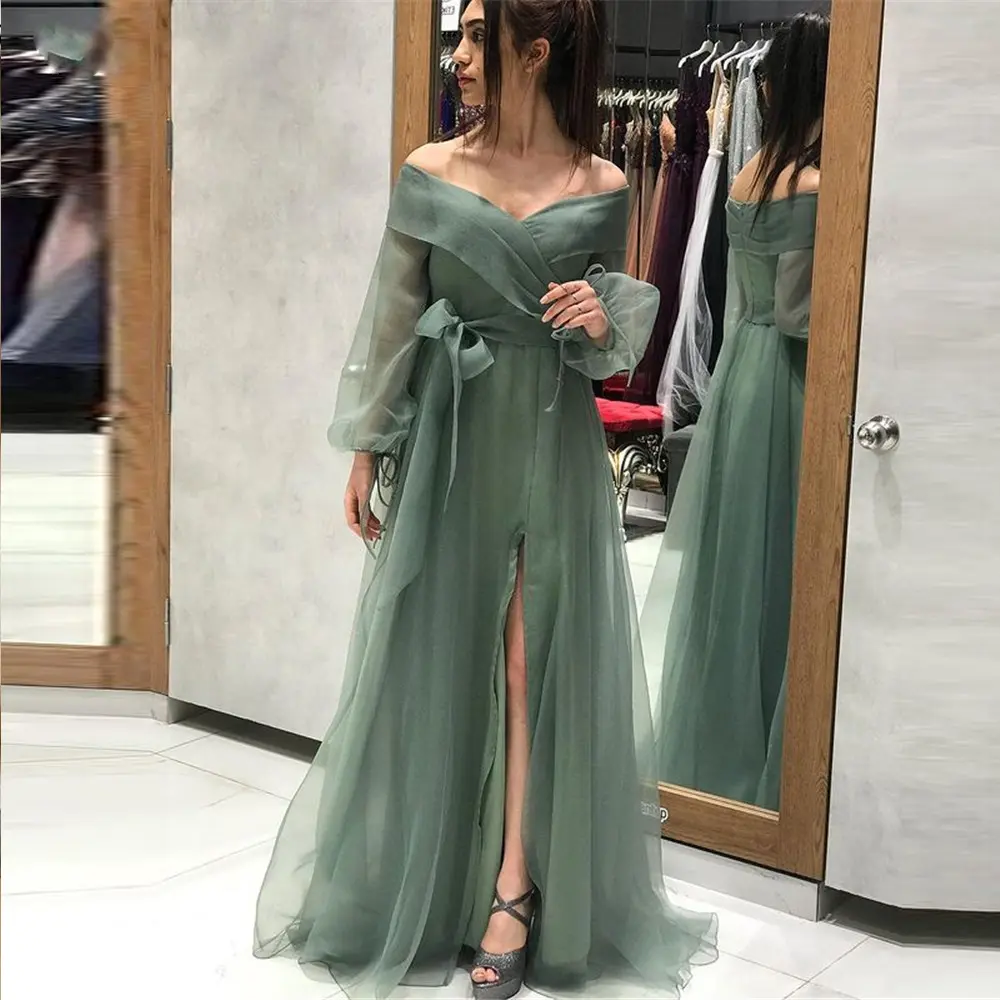 Green Organza Evening Dresses 2023 Off the Shoulder Puff Long Sleeves Prom Gown Simple Graduation Party Dress vestido de fiesta
