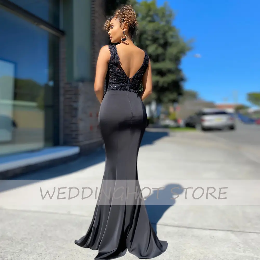 Pink Mermaid Evening Dresses 2025 Simple V-Neck Lace Applique Prom Gowns Elegant Satin Black Custom Party Dress robes de soirée