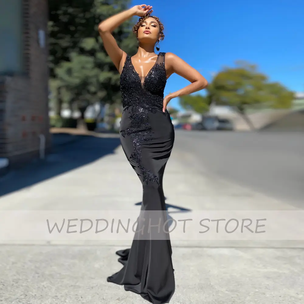 Pink Mermaid Evening Dresses 2025 Simple V-Neck Lace Applique Prom Gowns Elegant Satin Black Custom Party Dress robes de soirée