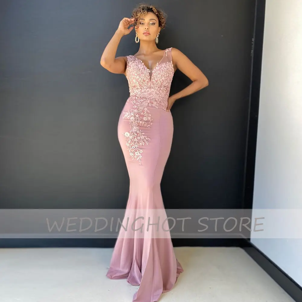 Pink Mermaid Evening Dresses 2025 Simple V-Neck Lace Applique Prom Gowns Elegant Satin Black Custom Party Dress robes de soirée