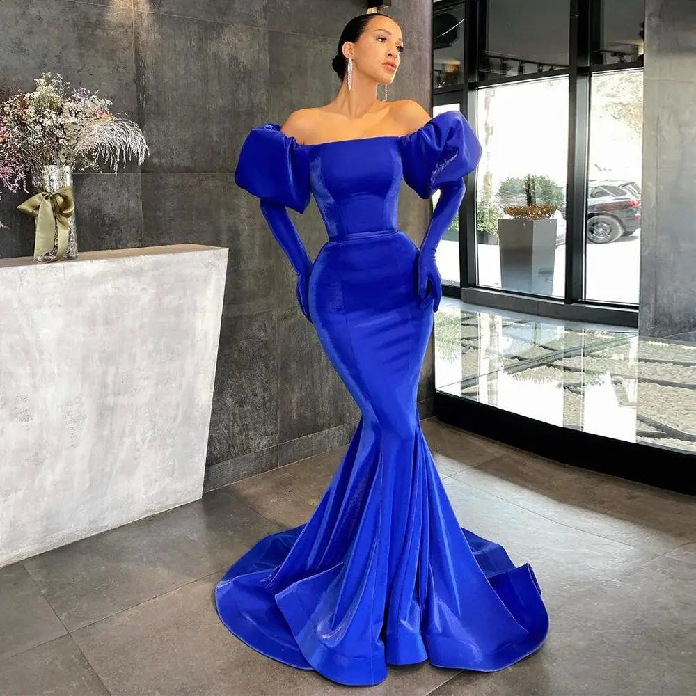 Simple Sexy Evening Dresses Gemstone Blue Velour Ruched Rhinestone Trumpet Boat Neck Long Dresses Bespoke Occasion Gown