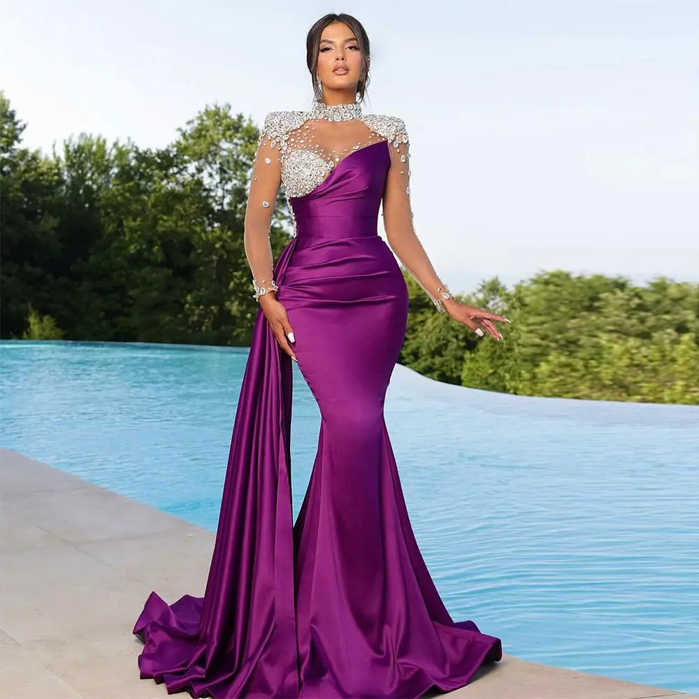 Sexy Evening Dress Purple Satin Rhinestone Trumpet Formal Dresses for Women High Collar Beaded Luxury Evening Gowns Long