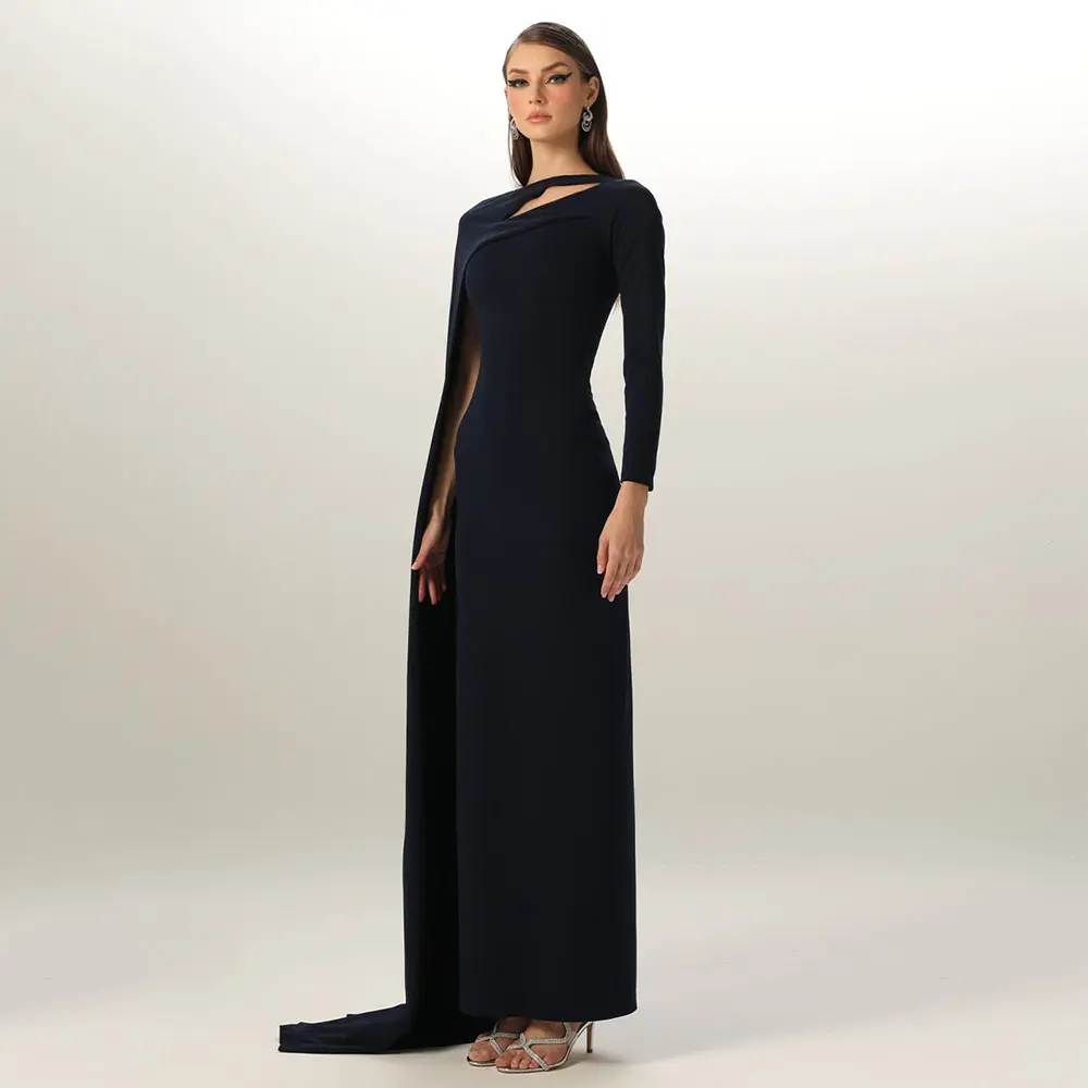 Black Evening Dress Long Sleeve O Neck Cut-Out Column Formal Evening Gowns Maxi Draped Modern Women's Party Dresses 2025