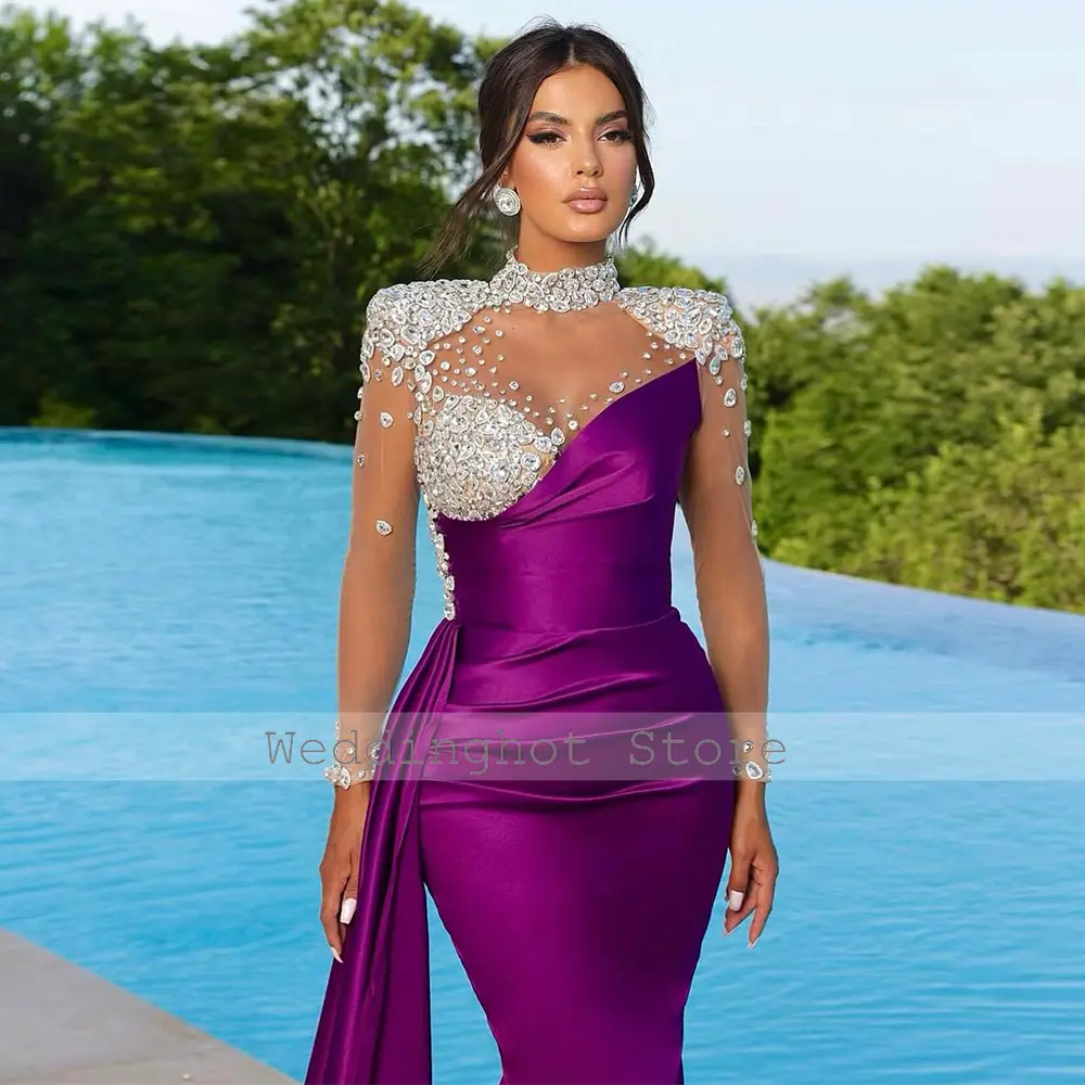 Sexy Evening Dress Purple Satin Rhinestone Trumpet Formal Dresses for Women High Collar Beaded Luxury Evening Gowns Long