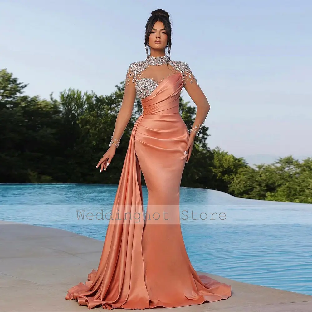Sexy Evening Dress Purple Satin Rhinestone Trumpet Formal Dresses for Women High Collar Beaded Luxury Evening Gowns Long