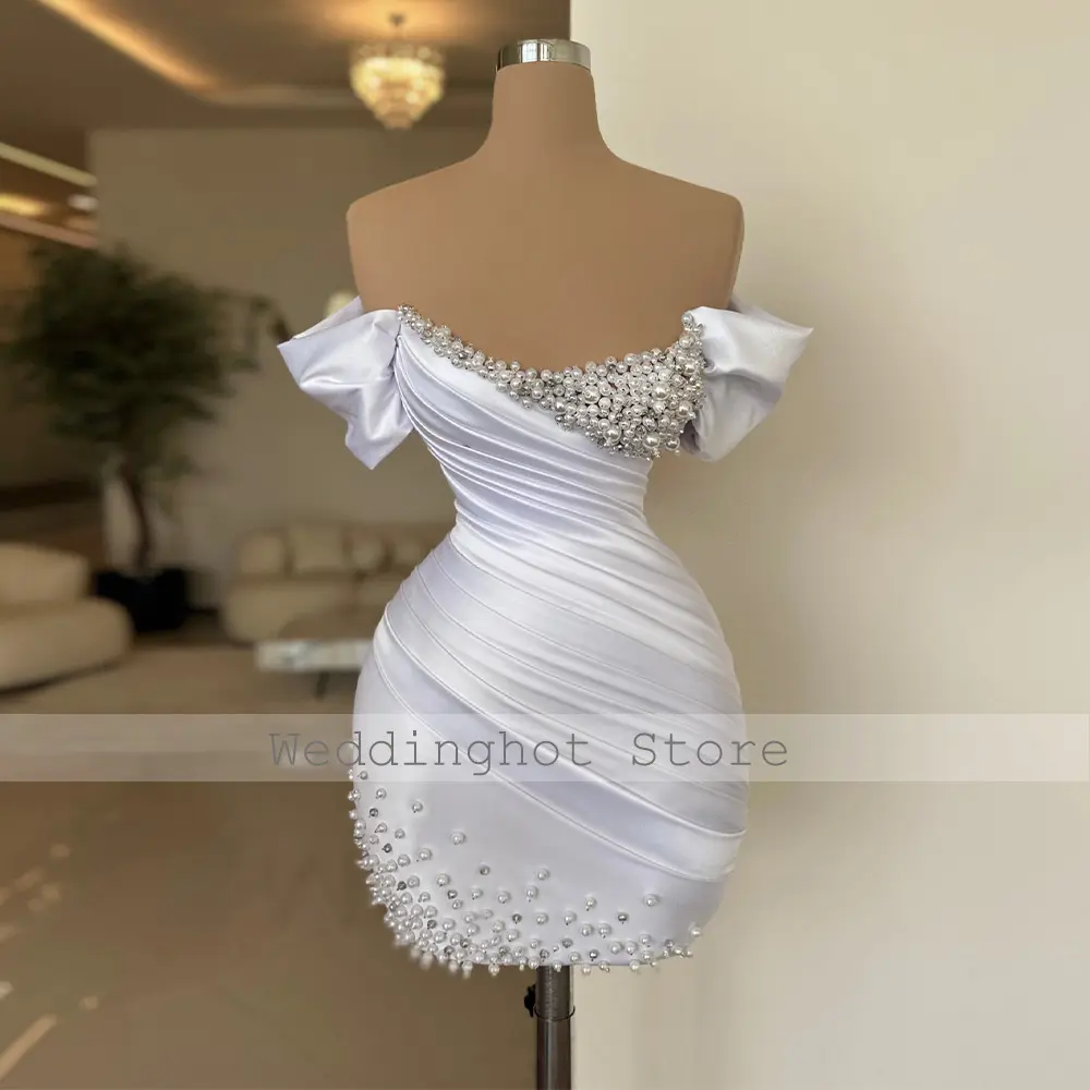 Luxury Cocktail Dresses Mini Pearls White Satin Off the Shoulder Cocktail Gowns for Women 2024 Pleats Sheath/Column Party Dress