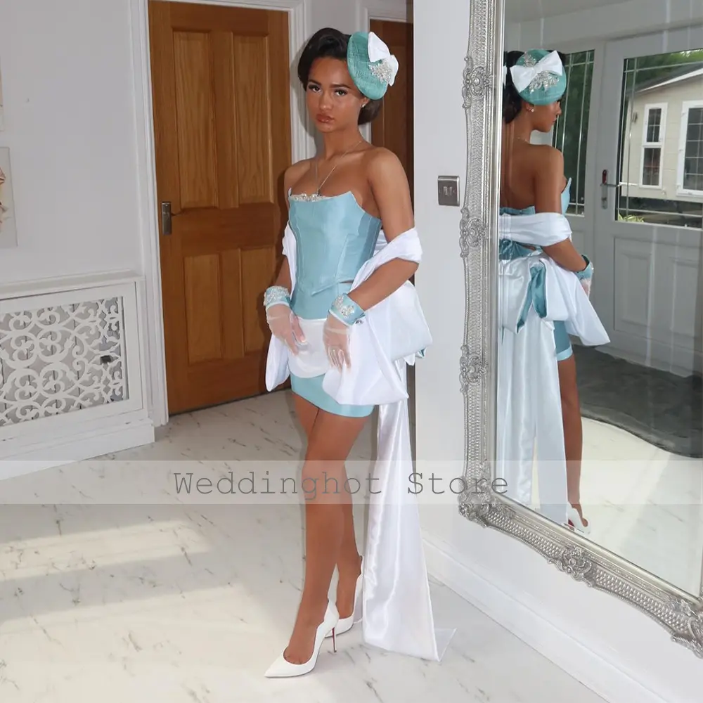 Modern Cocktail Dresses Sky Blue and White Satin Crop Top Women's Cocktail Gowns Mini 2 Pieces Corset Column Evening Party Dress