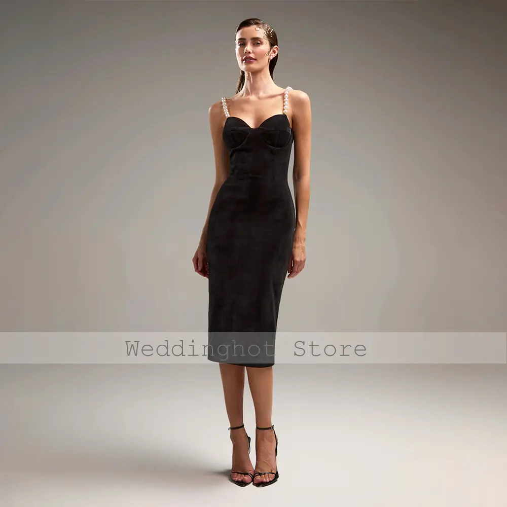 Black Velvet Cocktail Dresses Knee Length Pearls Spaghetti Straps Column Party Gwons for Women Sweetheart Sheath Birthday Dress