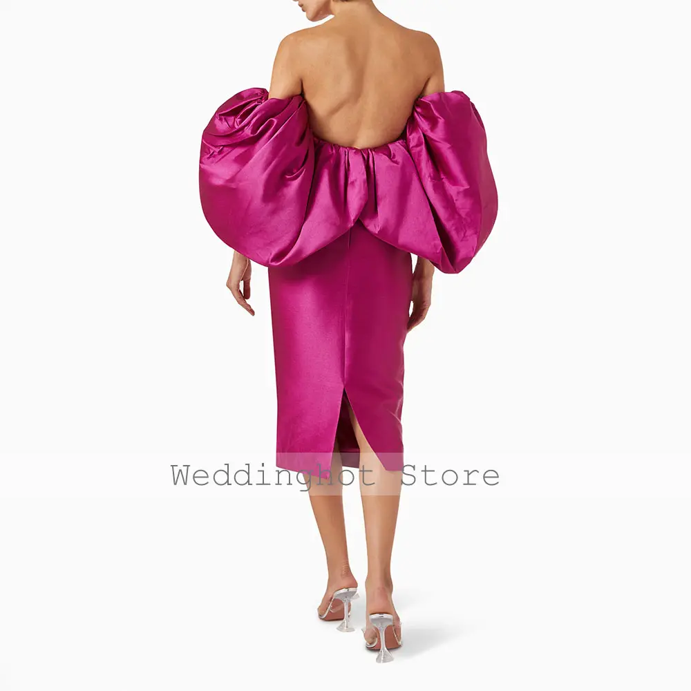 Fuchsia Cocktail Dress Midi Off the Shoulder Puffy Sleeves Column Cocktail Gowns Short Tea Length Backless Women's Party Dresses