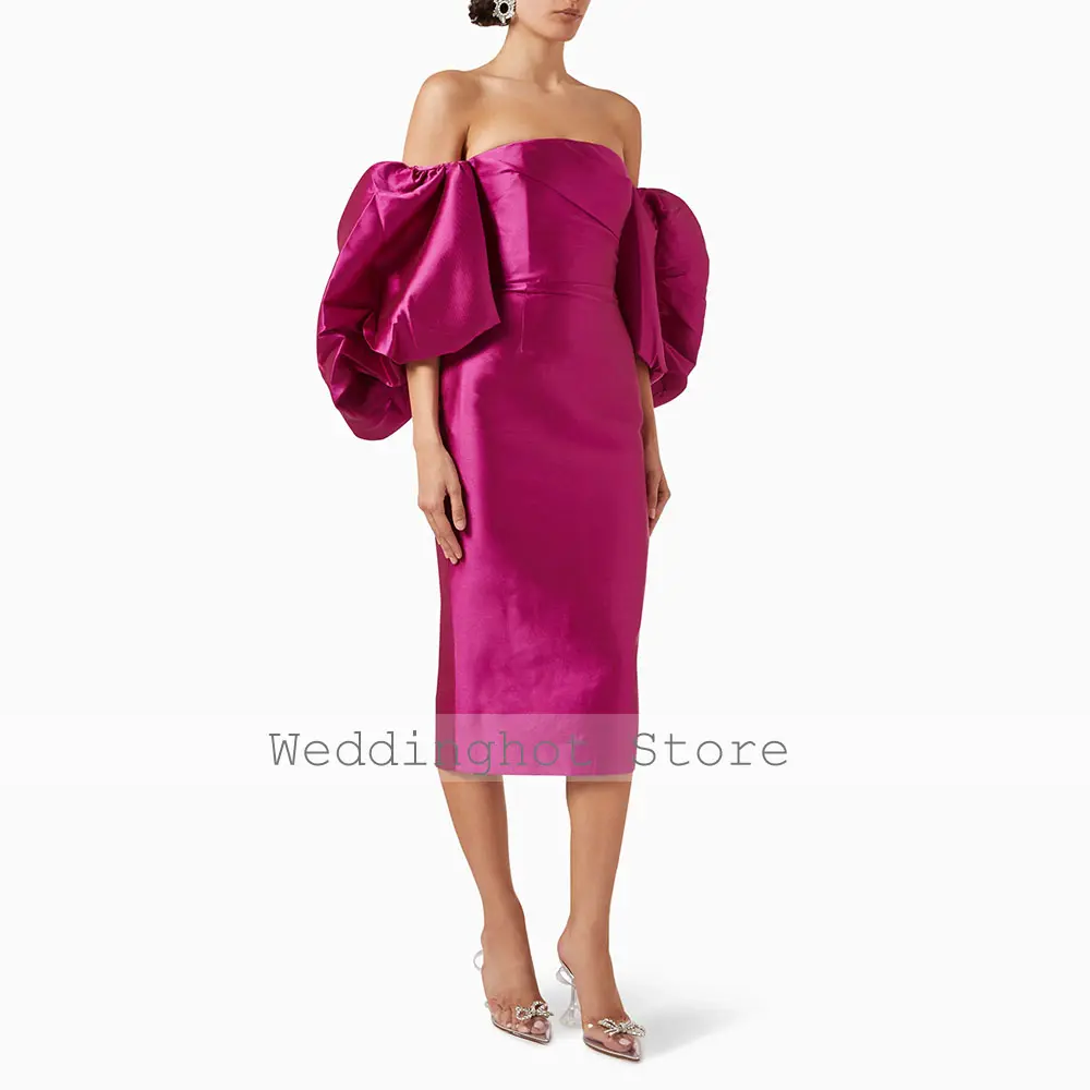 Fuchsia Cocktail Dress Midi Off the Shoulder Puffy Sleeves Column Cocktail Gowns Short Tea Length Backless Women's Party Dresses