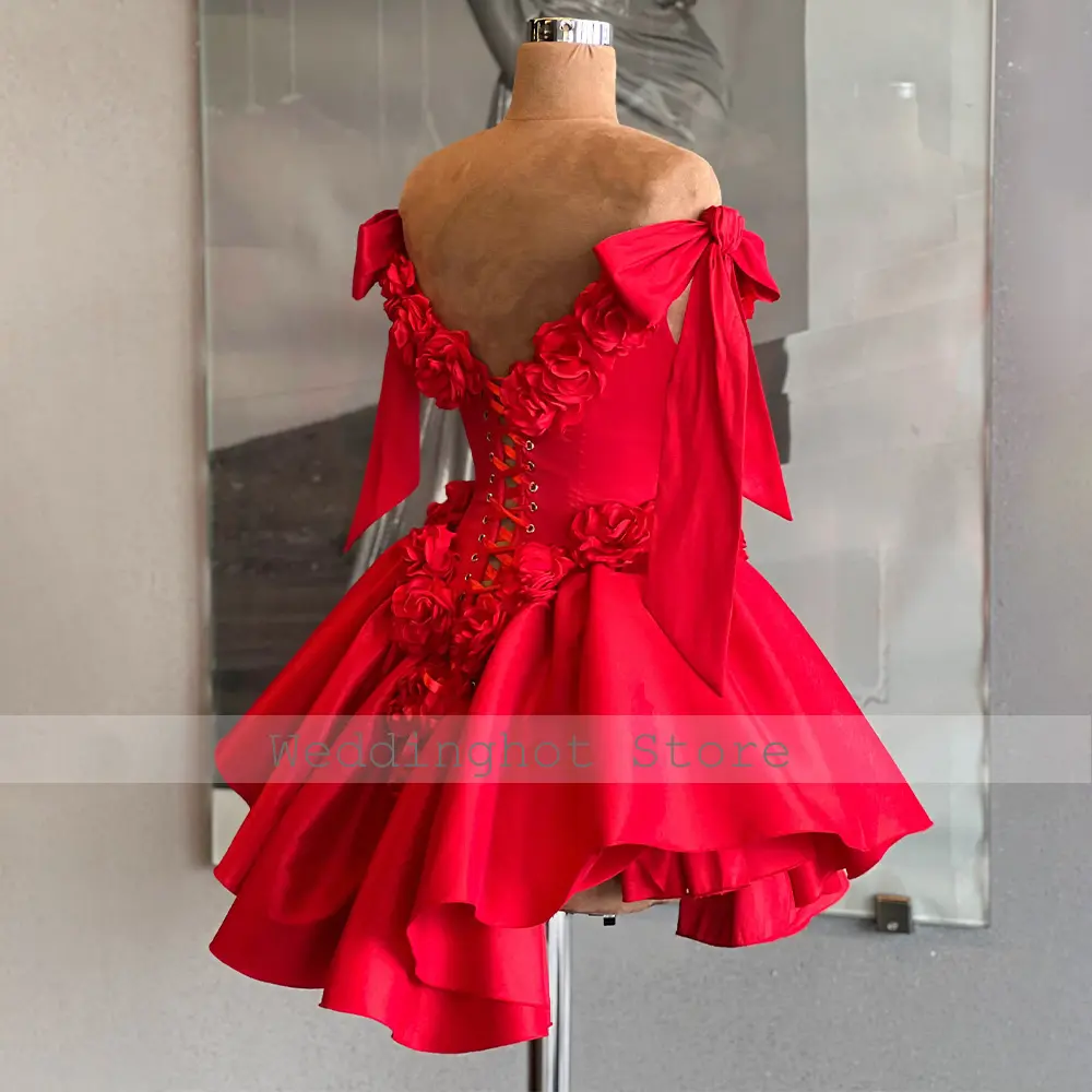 Red Cocktail Dresses Mini 3D Flowers Off the Shoulder Short Evening Party Gown for Woman Ruched Backless Lace Up Homecoming Gown