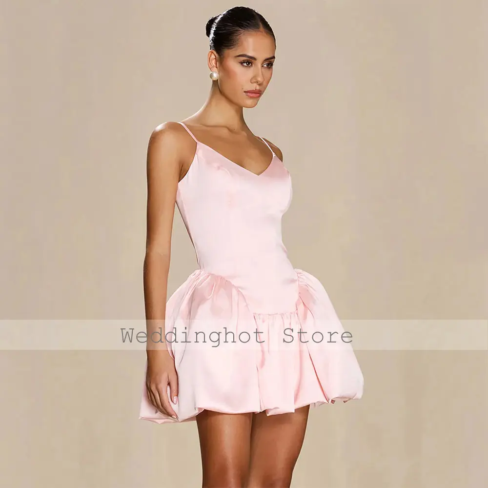 Pale Pink Evening Party Dress Mini Spaghetti Straps V Neck A Line Cocktail Gown for Woman Sleeveless Custom Made Homecoming Gown