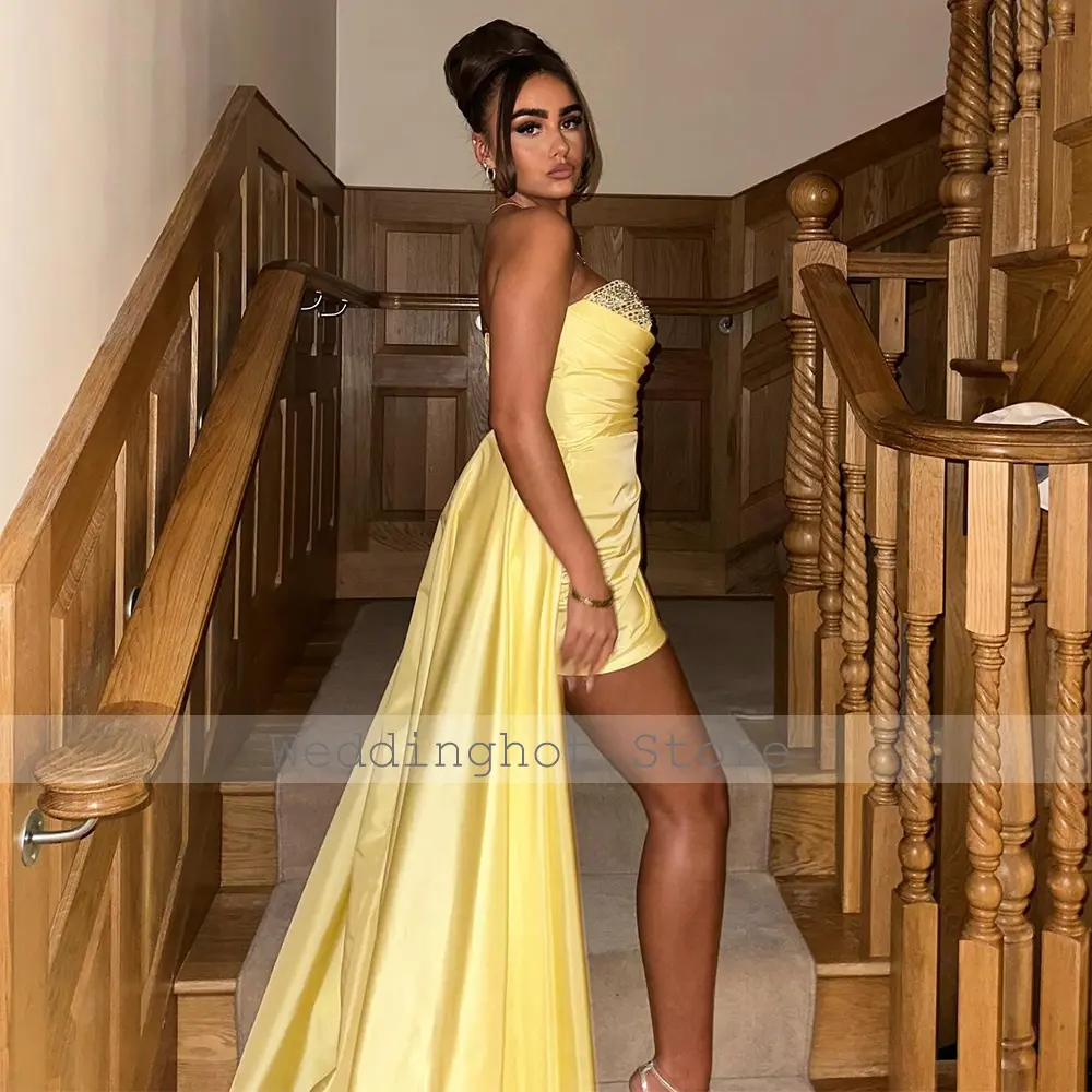 Homecoming Dress Yellow Taffeta Sequined Mini Graduation Gown with Train Sweetheart Column Evening Party Dresses for Women 2024