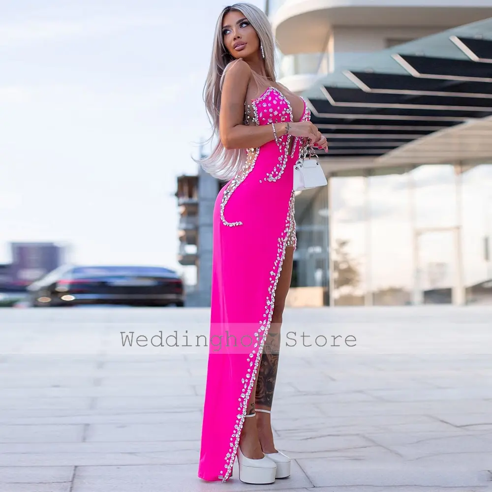 Sexy Long Beaded Cocktail Gowns Hot Pink Satin Rhinestone Asymmetrical Sheath Sleeveless Long Dresses Bespoke Occasion Gown