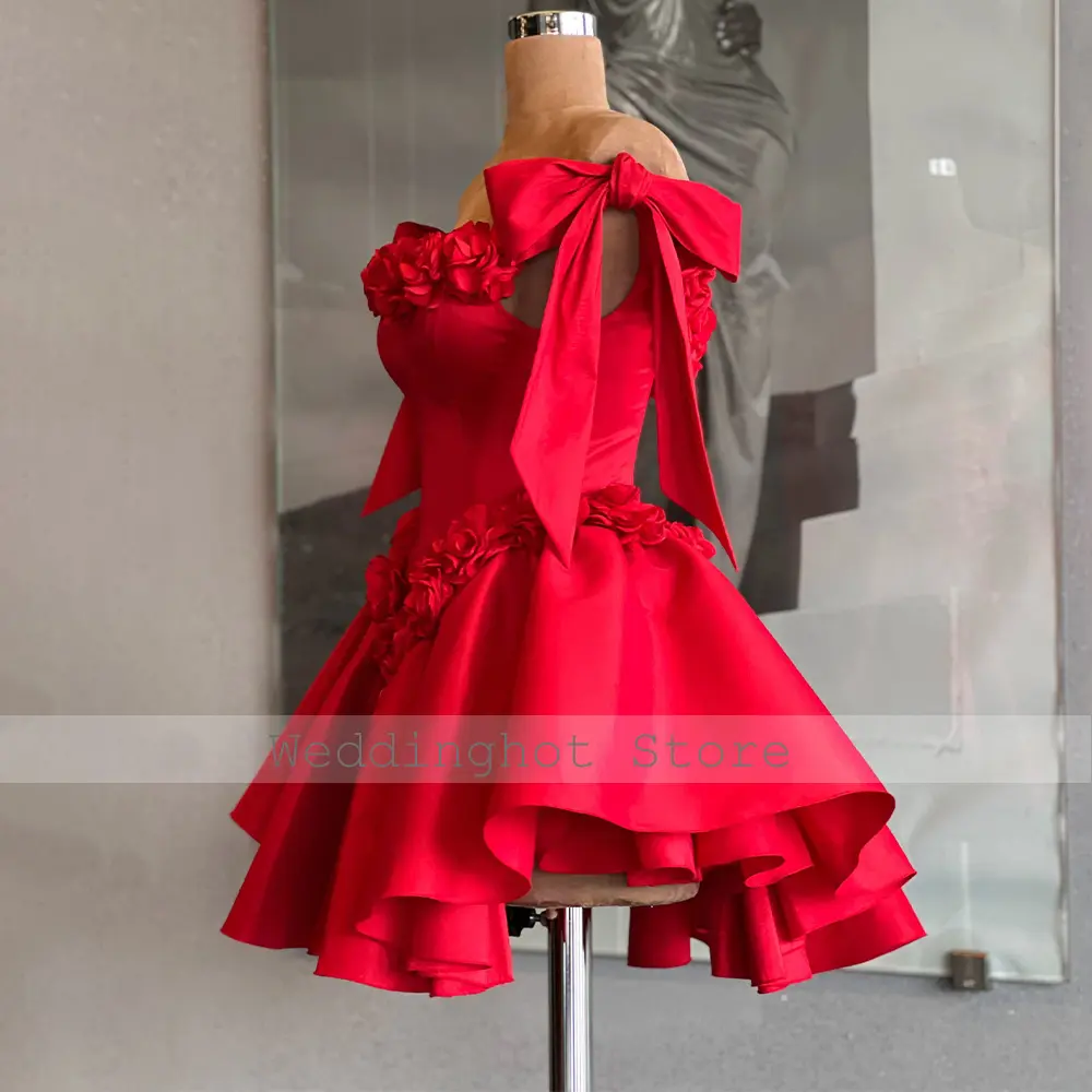 Red Cocktail Dresses Mini 3D Flowers Off the Shoulder Short Evening Party Gown for Woman Ruched Backless Lace Up Homecoming Gown