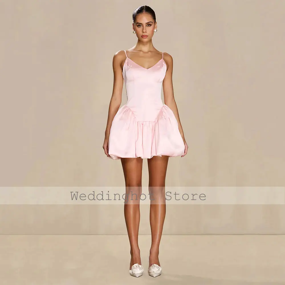 Pale Pink Evening Party Dress Mini Spaghetti Straps V Neck A Line Cocktail Gown for Woman Sleeveless Custom Made Homecoming Gown