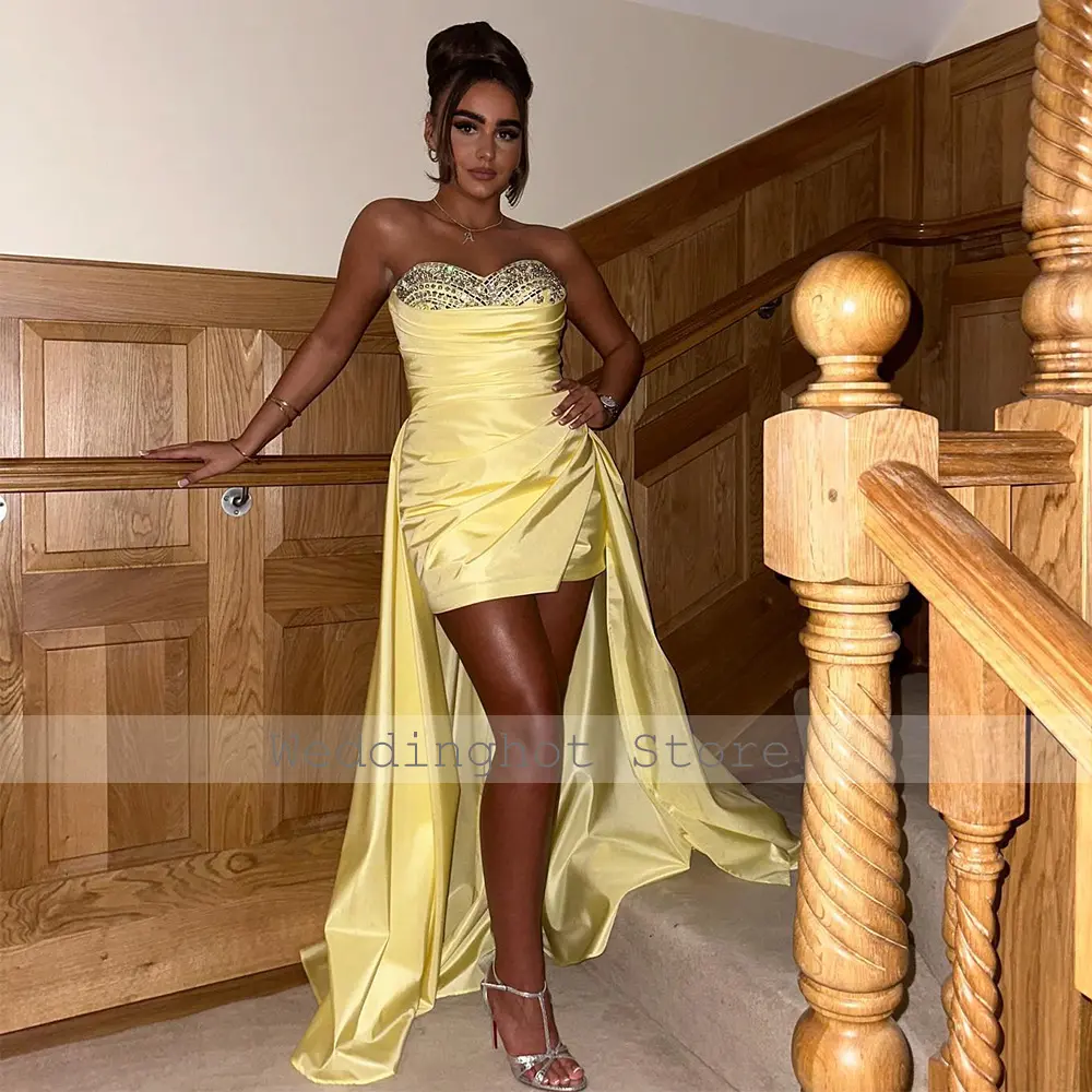 Homecoming Dress Yellow Taffeta Sequined Mini Graduation Gown with Train Sweetheart Column Evening Party Dresses for Women 2024