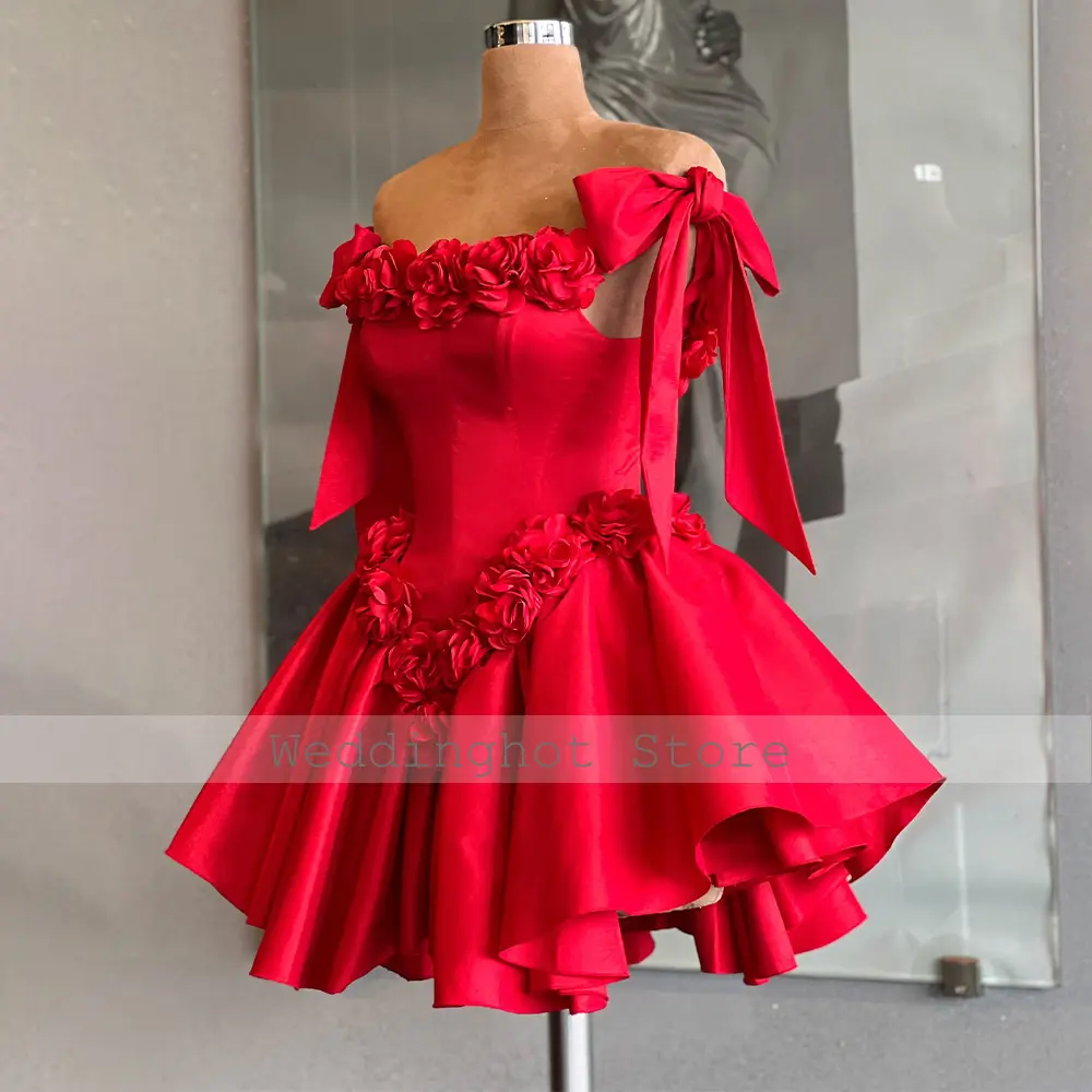 Red Cocktail Dresses Mini 3D Flowers Off the Shoulder Short Evening Party Gown for Woman Ruched Backless Lace Up Homecoming Gown