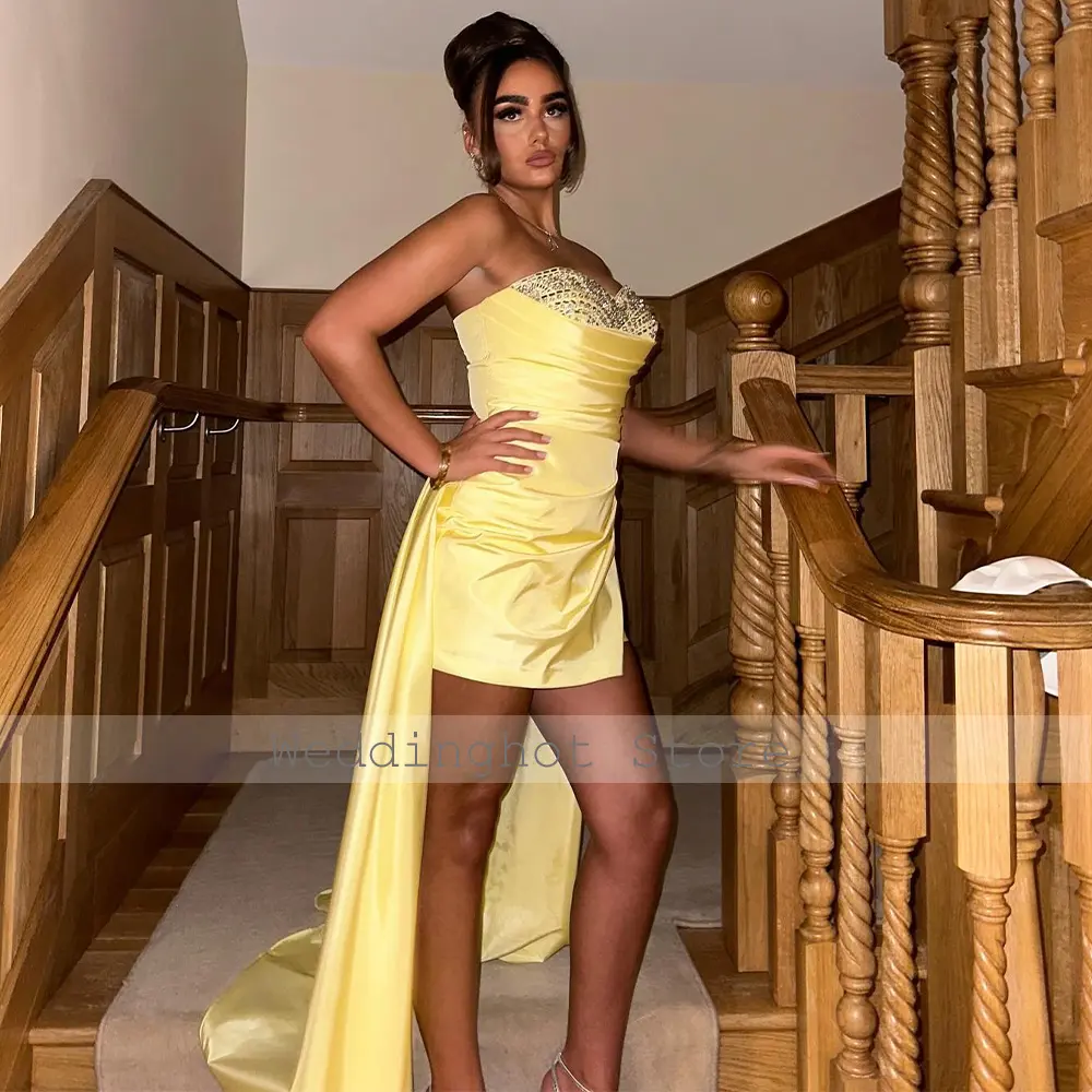 Homecoming Dress Yellow Taffeta Sequined Mini Graduation Gown with Train Sweetheart Column Evening Party Dresses for Women 2024
