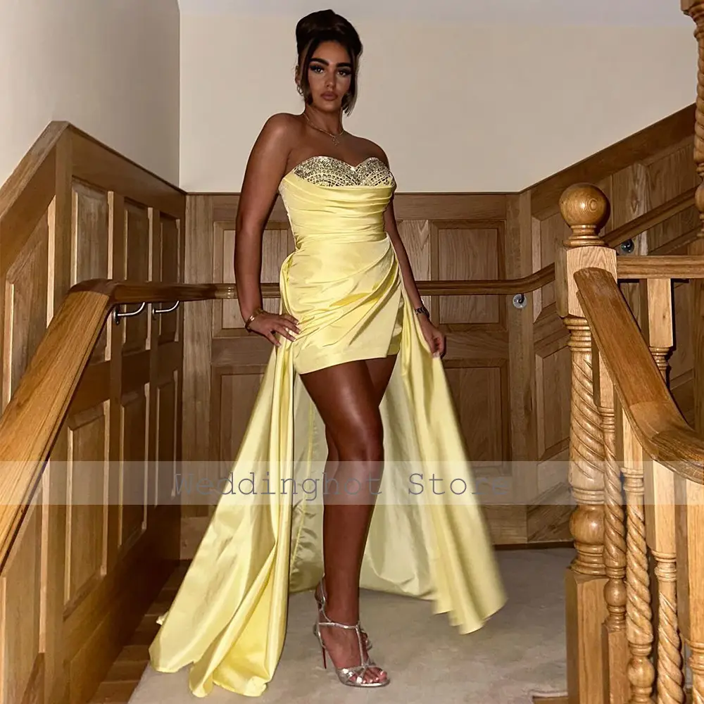 Homecoming Dress Yellow Taffeta Sequined Mini Graduation Gown with Train Sweetheart Column Evening Party Dresses for Women 2024