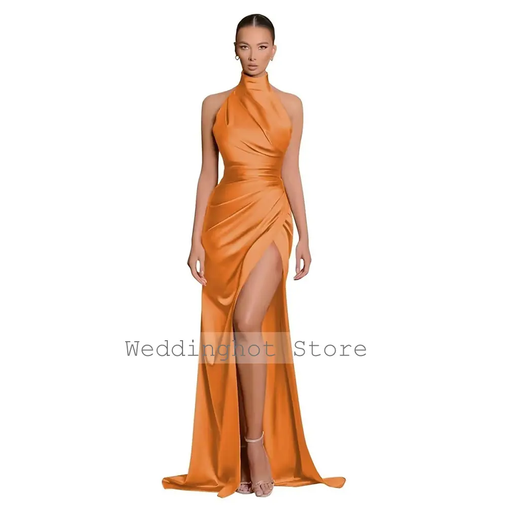 Elegant Evening Dress Brown Satin Halter High Collar Mermaid Evening Gown for Woman 2024 Sleeveless Criss-Cross Split Party Gown