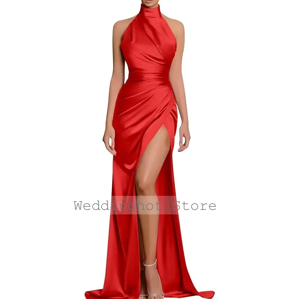 Elegant Evening Dress Brown Satin Halter High Collar Mermaid Evening Gown for Woman 2024 Sleeveless Criss-Cross Split Party Gown